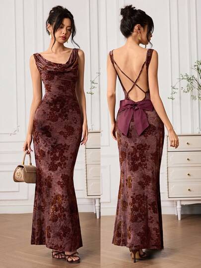 EastFlair Women's Minimalist Print Criss-Cross Strap Dress Floral Velvet Dress Dinner Dress Elegant Evening Dress Dress For Wedding Guest   , Wedding Guest Dress Elegant  Wedding Guest Dress Women   Fall Clothes For Women  Christmas Women's Clothing
