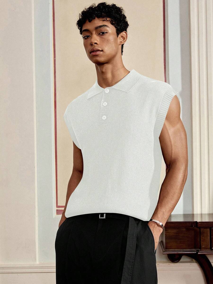 SWAVVY Men's Knitted Casual Loose Fit Short Sleeve Sleeveless Tank Top, For Fall Winter - White - View 1