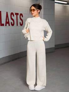 Sparklyn Teen Girl Casual Set: Solid Color Drop Shoulder Long Sleeve Sweater And Knit Pants, Autumn Co-Ord Set Girls Pants And Top Set Flare Pants Sets Teenagers Two Pieces Knit Set Sweater Pants Set Women Co-Ord Set Girls Fall Winter Co Ord Set Girls Women Two Pieces Set Sweatshirt Straight Pants Suit - Beige - View 1