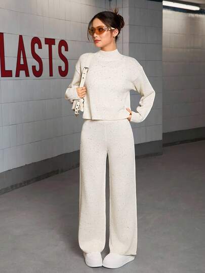 Sparklyn 青少年女孩休闲套装：纯色落肩长袖毛衣和针织裤，秋季套装女童裤子和上衣套装喇叭裤套装青少年两件套针织套装毛衣裤子套装女士套装女童秋冬套装女童两件套运动衫直筒裤套装