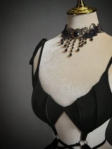 SHEIN ICON 女式性感万圣节吸血蝙蝠不对称下摆系带迷你连衣裙 - 黑色 - 查看 4