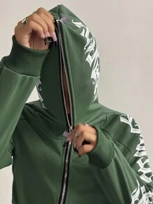 StreetHx 女士哥特字体短款开襟卫衣，街头风，秋冬款 - 墨綠色 - 查看 6