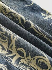 ROMWE Grunge Punk Blugi evazați cu imprimeu vintage spălat, mărime plus - Albastru - Vizualizare 4