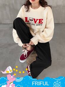 FRIFUL SHEIN X Care Bears 女士圆领字母刺绣撞色印花宽松加厚羊毛衫 - 米色 - 查看 2