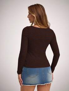 SHEIN Forever 21 Áo thun nữ cổ thuyền tay dài họa tiết sọc raglan - màu nâu - Xem 2