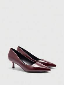 CUCCOO BIZCHIC 女士时尚勃艮第酒红色舒适尖头小猫跟高跟鞋，适合通勤、约会、派对、度假、办公室穿着 - 酒紅色 - 查看 6