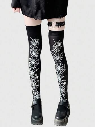 Grunge Punk 1 par de medias altas estilo gótico y punk oscuro con estampado de telaraña y araña