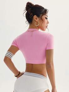 SHEIN Sovereign Charm 女式纯色前拉链短袖修身瑜伽短款拉链后背背心健身衫 - 粉色 - 查看 3