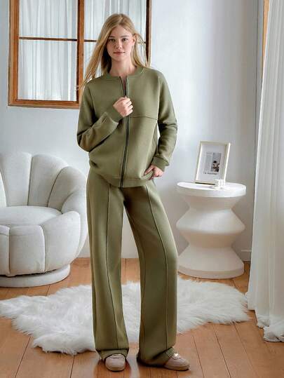 EURMUSE Oversize Comfortable Tracksuit, Casual Wear, Cotton Fabric, Basic Zipper Detalied Sweatshirt Set Two Piece Set Women 2 Piece Lounge Set Women Wide Leg Pants Set Two Piece Set Women Comfy Pants Two Piece Set