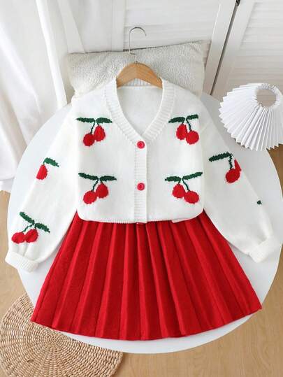 Sparklyn Girls' Cherry Jacquard Pattern Cropped Puff Sleeve Cardigan, Elegant Casual Versatile Sweater; Pleated Mini Skirt, Suitable For School, Travel, Party, Performance, Autumn/Winter Girls Cherry Cardigan Outfit Cherry Outfits For Girls Red Pleated Skirt Outfit Girls Girls Cherry Sweater Outfit White Cherry Cardigan Girls Girls Cardigan Sweater Set Cherry Cardigan Kids Kids Cherry Clothes Tween Girls Sweater Tween Girls Fall Outfits Tween Girls Winter Clothes Kids Fall Clothes Girls