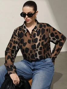 Aveloria Modichic Áo sơ mi tay dài họa tiết da báo cỡ lớn, đơn hàng thời trang thanh lịch cho nữ - màu nâu - Xem 7