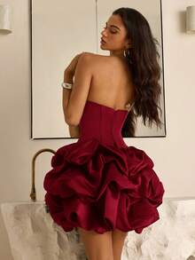 Vowa Elegant Brown Minimalist Strapless Mermaid Hem Puff Skirt With Waist Tie, Suitable For Dates, Vacations, Birthdays, Parties, Graduations, Proms - Burgundy - View 2