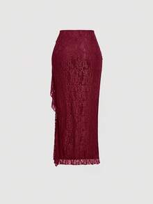 SHEIN MOD Váy ren xẻ tà cao màu đỏ tía cho nữ, trang phục năm mới, giáng sinh, tiệc tùng, kỳ nghỉ trên bãi biển, quần áo, trang phục dạo phố cho nữ, trang phục Valentine cho nữ - Màu Đỏ Sâu - Xem 2