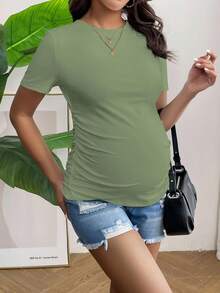 SHEIN Maternity Casual Solid Color Ruched Fitted Short Sleeve T-Shirt, Summer - Mint Green - View 5