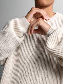 SUMWON Chunky Ribbed Knit Sweater Drop Shoulder Pullover Boyfriend Style Casual Winter Texture Oversized Long Sleeve Fashion Basic Knitwear Plain - Khaki - View 2