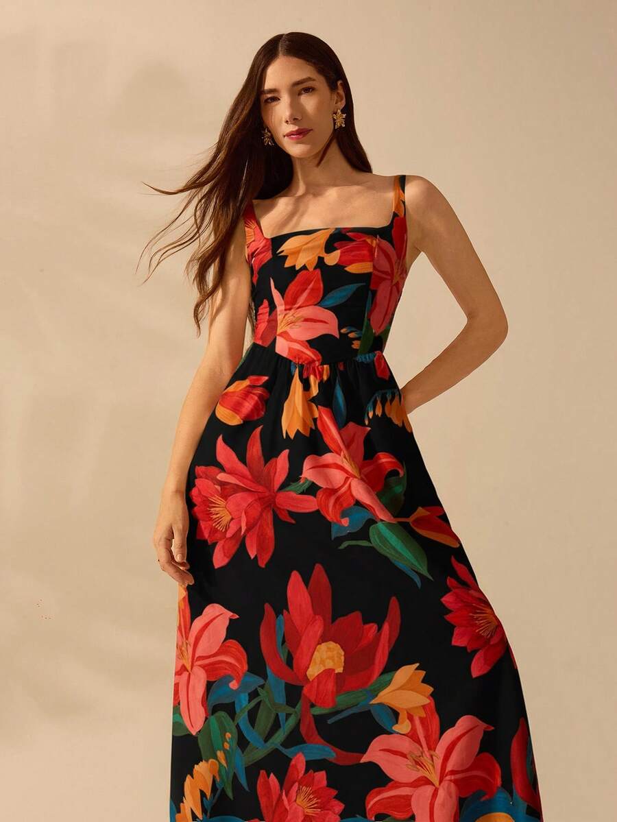 CAJUNI 女式波西米亚风彩色热带花卉印花细肩带休闲夏季连衣裙 - 彩色 - 查看 1