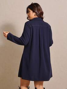 Elaquor Váy dài màu xanh navy tối giản, rộng rãi, có khóa kéo nửa thân dành cho nữ, mùa thu - Màu xanh lam - Xem 3