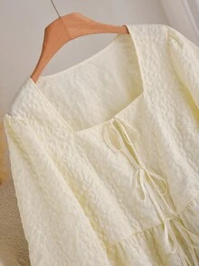 CosyJoli Bluzka w dużym rozmiarze, swobodna, kwadratowy dekolt, żakardowa faktura, rękaw typu latarnia, długi rękaw, kokarda