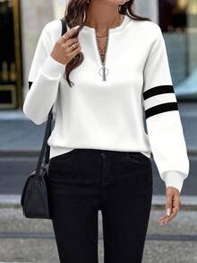 EMERY ROSE Women's Front Zip Up Round Neck Sweatshirt Women Long Sleeve Tops Quarter Zip Women Striped Sleeve Top Women Casual Tops Haikyuu Long Sleeve Zip Top Black And White Curve Fleece,Fall