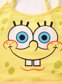 SpongeBob SquarePants | SHEIN 4pcs TPink & Yellow Cute Cartoon Print Cami Top & Shorts Lingerie Undershirt Set , Kawaii,Y2K,Cute,Sweet Fall Winter Girls Cute Set
