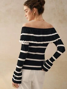 Cévolie 时尚露肩条纹长袖上衣