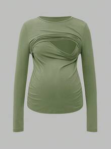 Modmama 纯色圆领长袖休闲哺乳上衣，夏季百搭 - 綠色 - 查看 12