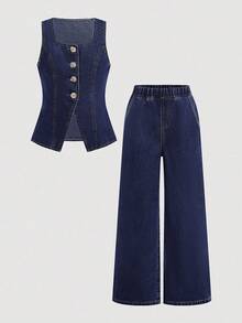 Firerie Kids Firerie Kids Nova Glow Tween Girl Spring Summer Casual Street Fashion Plain V-Neck Sleeveless Vest Top And Baggy Straight-Leg Pants Denim Two Pieces Set,Summer Beach Boho Vacation Shorts, Summer Concert Festival Casual Rave Outfits, Girls Summer Brunch Graduation Outfits, Tween Girl Pant Suit, Kids Denim Jumpsuit, Tween Girls 2 Pieces Pant Set, Teen Pant Suit, Girls Denim Pant Suit