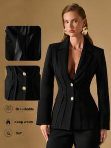 Briarwyn 女士纯色翻领长袖腰部修身优雅西装外套 - 黑色 - 查看 1