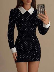 SHEIN ICON Vestido minivestido entallado de mujer con cuello de contraste a lunares en blanco y negro "Miércoles" - Blanco y Negro - Ver 3
