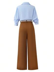 Franclia Women's Basic Blue And White Striped Embroidered Small Flower Shirt + Brown Slim Casual Trousers French Retro Casual Commuting Women's Two-Piece Suit Women's Autumn Clothing Women's Commuting Wear