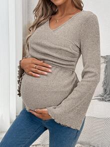 SHEIN Maternity Solid Color Criss-Cross Wrap Flare Sleeve Ruffle Hem Ribbed T-Shirt Ribbed Maternity Top Maternity Top Bell Sleeves Pregnancy Clothes Maternity Clothes