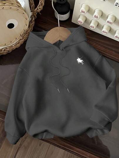 SHEIN EZwear بلوزة هودي كاجوال بطبعة حصان بتصميم بسيط وفضفاض، مناسبة للخريف والشتاء للنساء