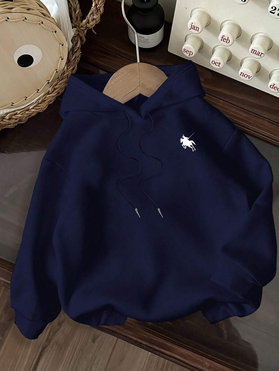 SHEIN EZwear 休闲简约马印花连帽长袖厚宽松卫衣女士,适合秋冬季 - 藏蓝色 - 查看 1