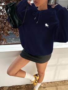 SHEIN EZwear 休闲简约马印花连帽长袖厚宽松卫衣女士，适合秋冬季 - 藏蓝色 - 查看 4