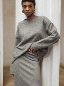 Aveloria Modichic 2pcs/Set Autumn/Winter Slouchy Long Sleeve Crew Neck Sweater & Bodycon Skirt Set - Camel - View 6