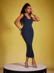 INAWLY Women's Solid Color Sleeveless Bodycon Mini Dress, Versatile Summer Outfit - Navy Blue - View 3