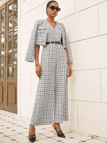 Aveloria Modichic Chaqueta de tweed a cuadros con decoración de botones de perla, combinada con un conjunto de traje clásico largo para mujer