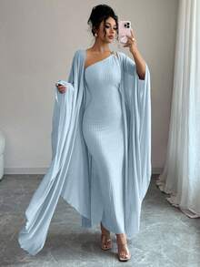 Elenzga Bộ váy len dệt kim Jacquard kiểu Pháp thanh lịch có khóa kim loại và khăn choàng, thiết kế độc đáo, phong cách nữ thần sang trọng, sang trọng, xuân/hè - Màu xanh lam - Xem 4