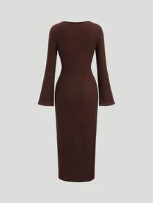 Sweetra Women's Solid Color Minimalist Long Sleeve Dress