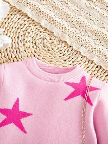 SHEIN Baby Girls Casual Long Sleeve Crew Neck Sweater Dresses,In Fall/Winter - Pink - View 5