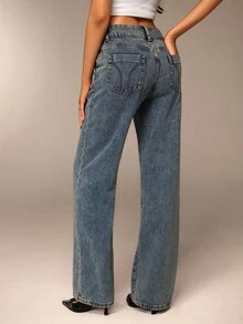 Avantive 女装夏季新款低腰直筒金属纽扣宽松深蓝色水洗牛仔裤 - 淺色水洗藍 - 查看 2