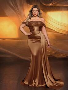 Glamrae 加大码优雅奢华酒红色露肩袖亮片拼接弹力缎面褶皱侧开衩鱼尾连衣裙，适合婚礼、派对、节日、庆典、晚会 - 棕色 - 查看 7