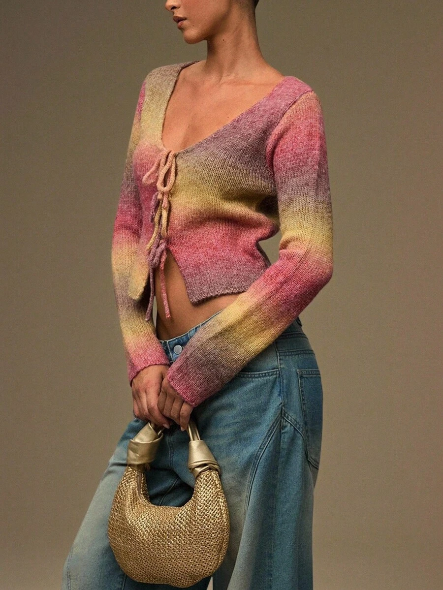 SHEIN BAE 休闲时尚系带装饰女式长袖开衫 - 彩色 - 查看 1