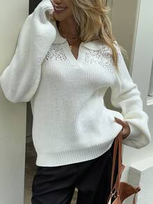 Livesso Women's Hollow Out Loose Lantern Sleeve Sweater, Autumn - Apricot - View 3