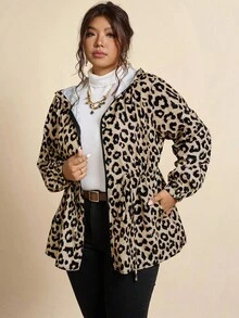 SHEIN LUNE 大码女式豹纹长袖拉链连帽外套 豹纹印花外套 女式豹纹连帽外套 女式轻薄豹纹外套 动物纹外套 女式动物纹外套 大码动物纹风衣 豹纹印花外套 大码豹纹风衣 大码雨衣 棕色连帽拉链外套 女式拉链连帽衫 女式冬季女装 感恩节女装 - 彩色 - 查看 1