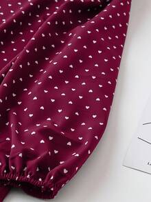 Plus Size Women Frill Trim Round Neck All-Over Print Lantern Sleeve Fashionable Blouse - Burgundy - View 3