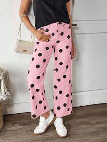 EMERY ROSE 女式波点图案直筒宽松休闲牛仔裤 - 粉色 - 查看 6