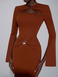 Elitara Váy dạ hội trang trọng đuôi cá thiết kế hở vai, tay loe, xẻ tà, chất liệu kim loại thủ công màu đỏ nâu sang trọng và thanh lịch dành cho nữ - màu nâu - Xem 4