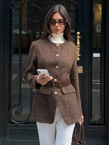 Aloruh Women's Fall/Winter Elegant Round Neck Fitted Plaid Tweed Blazer With Belt, Autumn/Winter,Winter Jacket Women,Winter Coat For Women,Business Casual Woman,Brown Blazer,Cozy Fall And Winter Clothes For Women - Khaki - View 3