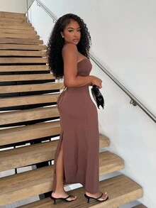Alexandranx Vestido de verano con tirantes finos, con nudo delantero y espalda descubierta, de unicolor y minimalista para mujer - Marrón - Ver 5